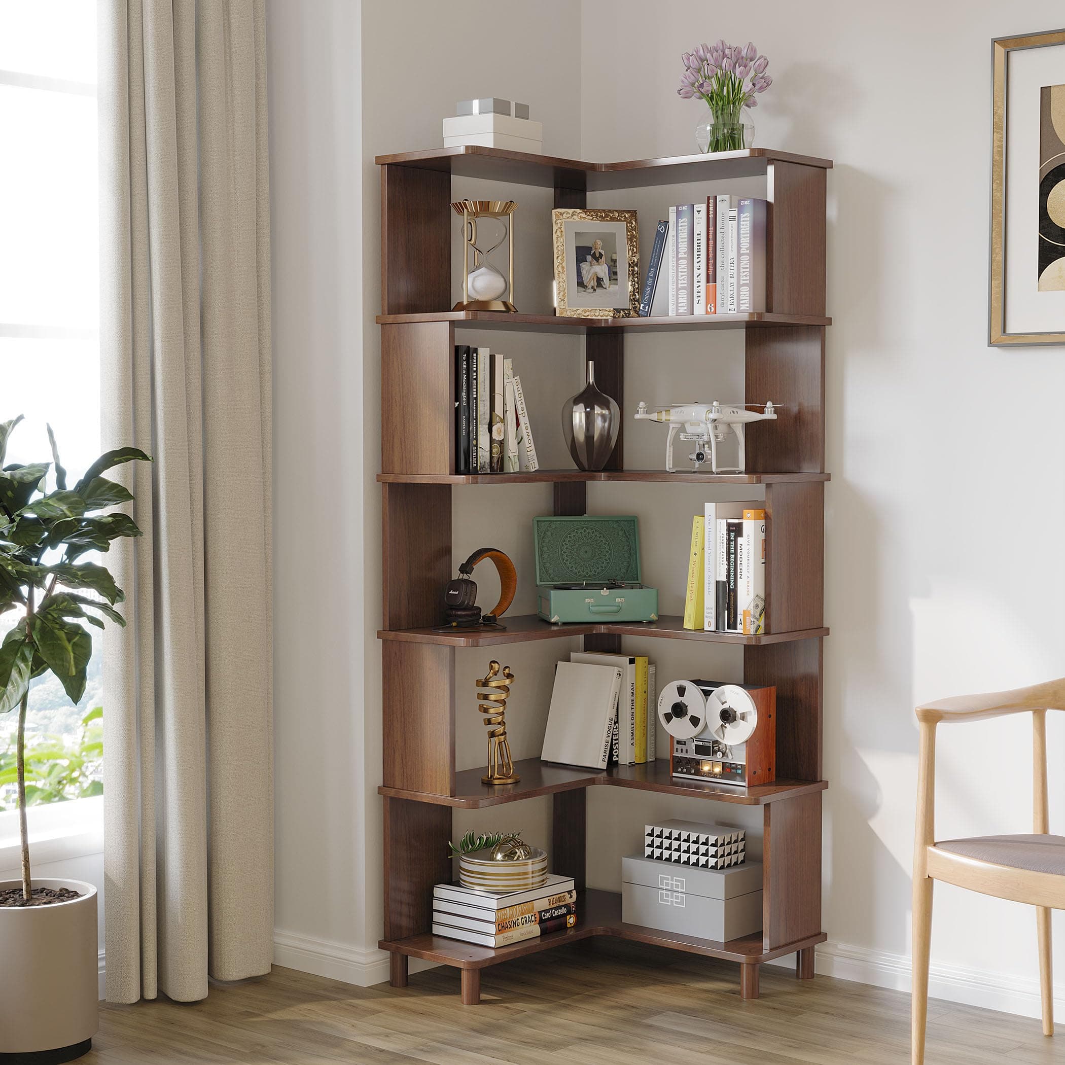 Wooden Brown Corner Cube Bookshelf, Multi-Layer Display for Small Spaces