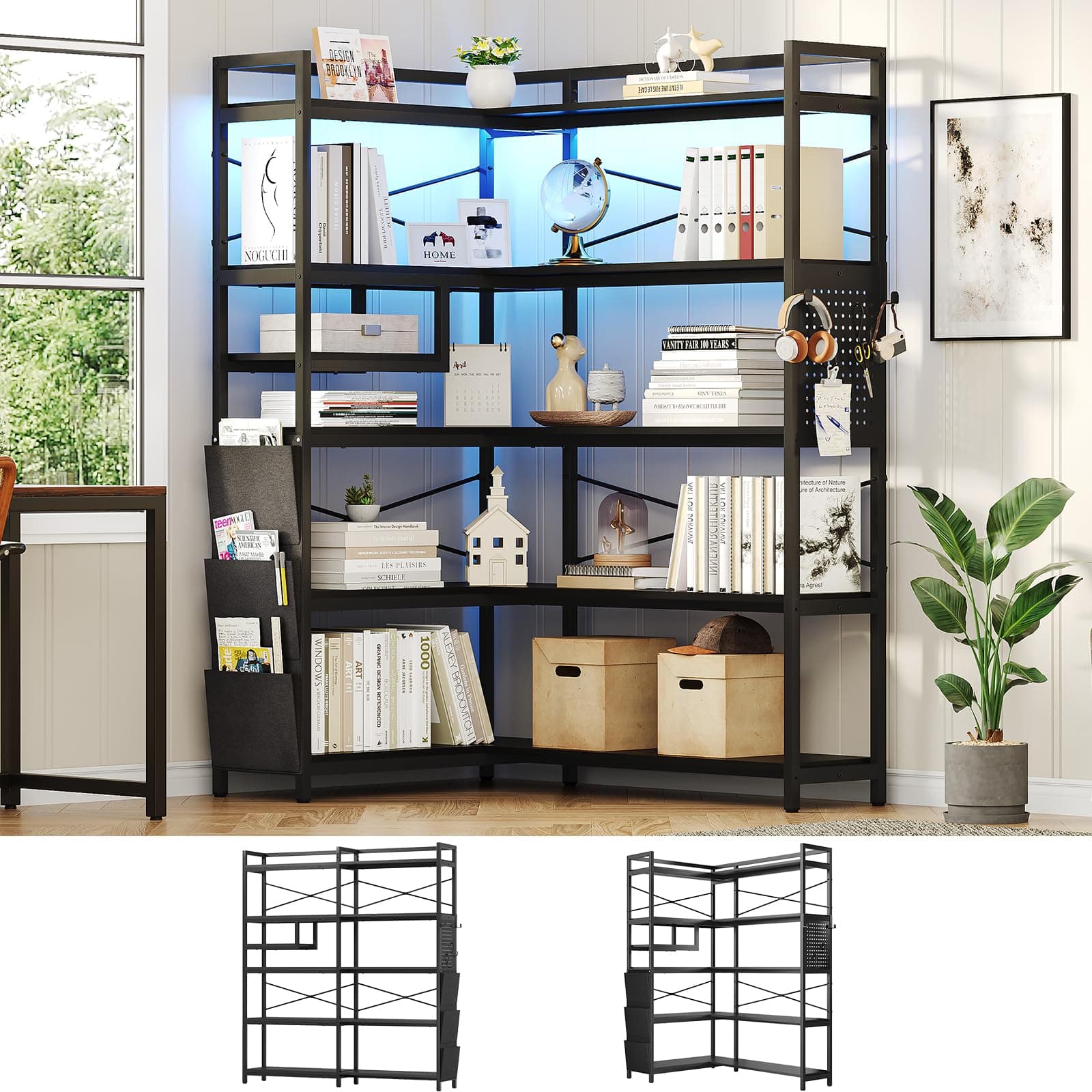 Itaar Corner Bookshelf with Pegboard & LED Light, Black 63" W
