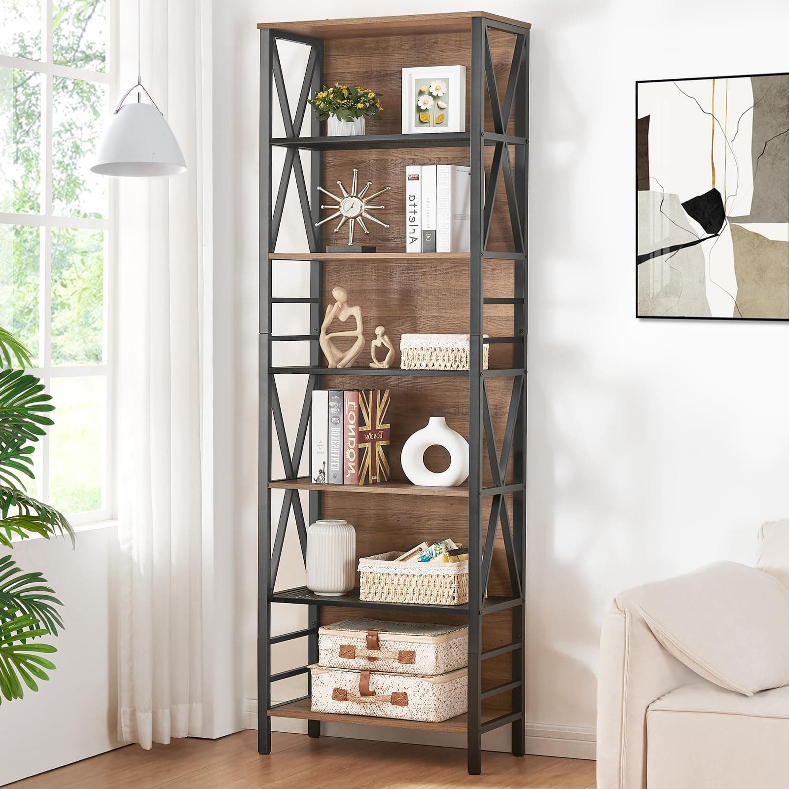 7-Tier Rustic Wood Metal Bookshelf for Home Office, Living Room and Bedroom