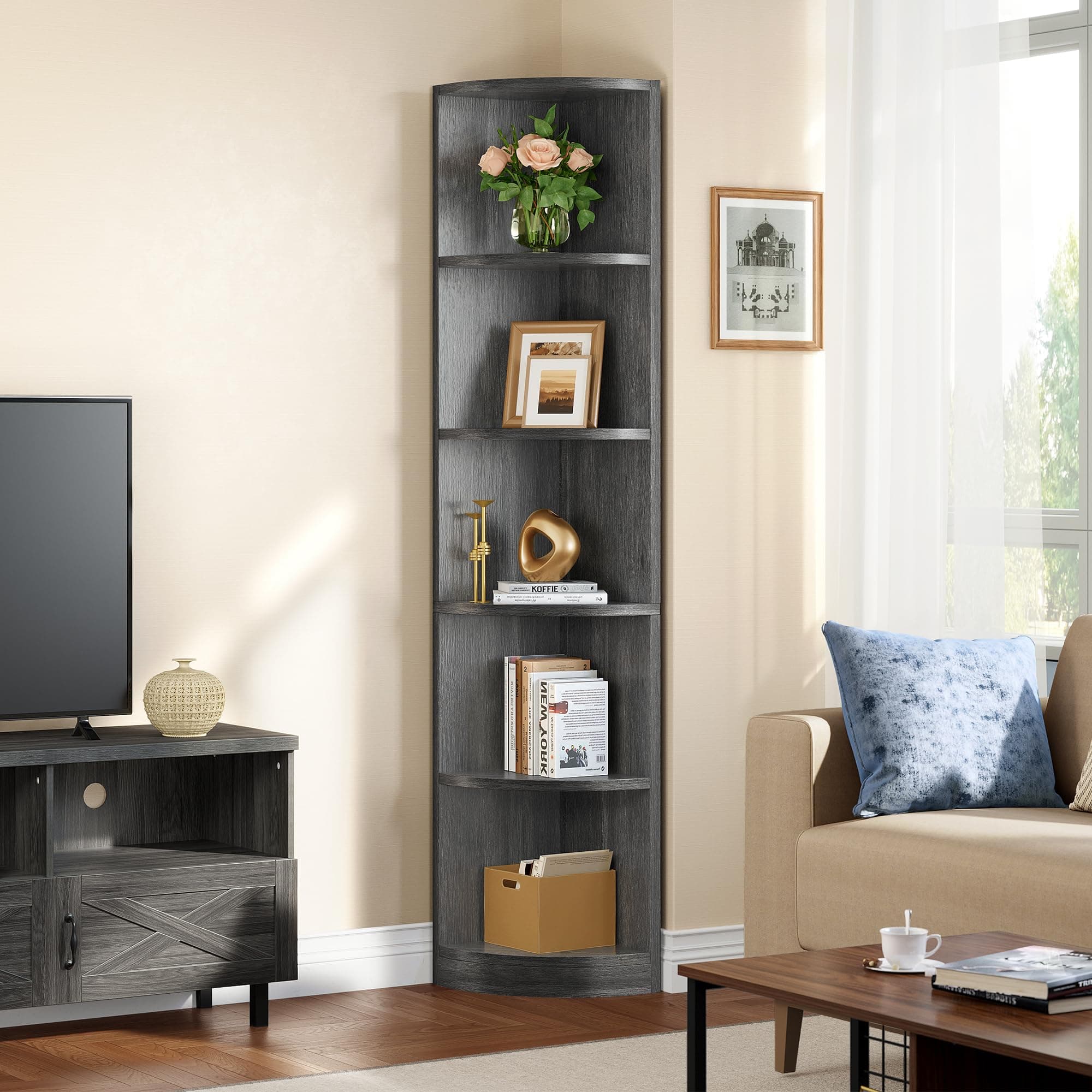 YITAHOME 70.8 5-Tier Corner Bookshelf - Modern Free Standing Wooden Storage Shelf for Bedroom, Living Room, Home Office (Charcoal Gray)